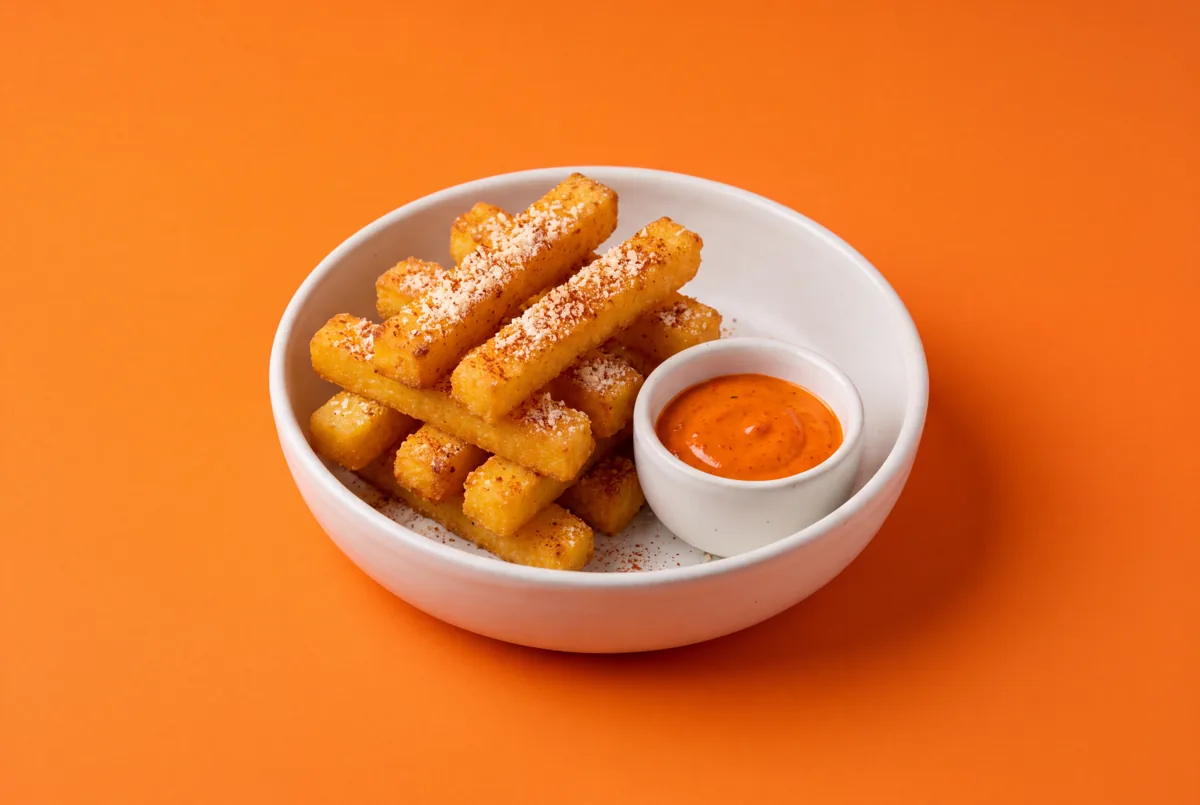 Frites de polenta croustillantes, sauce piquante maison