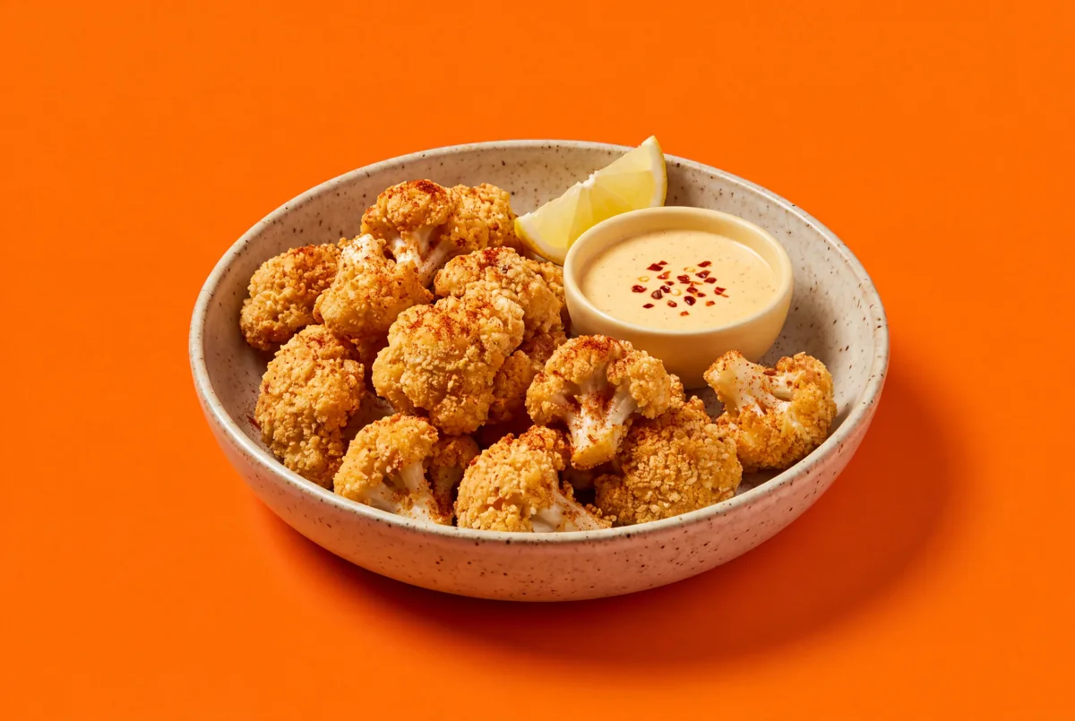 Popcorn de chou-fleur croustillant & sauce épicée