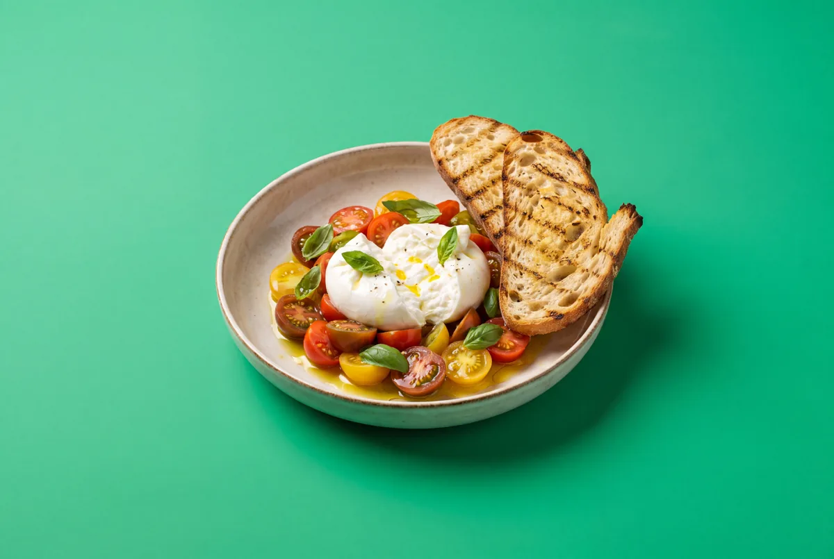 Tartare de tomates & burrata, toasts croustillants